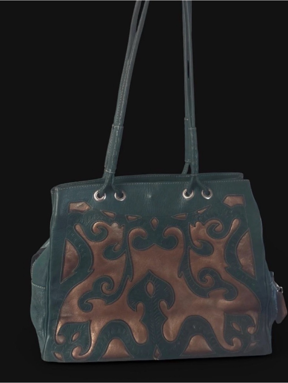 Teal and Brown Leather Tote Bag - Designer Style